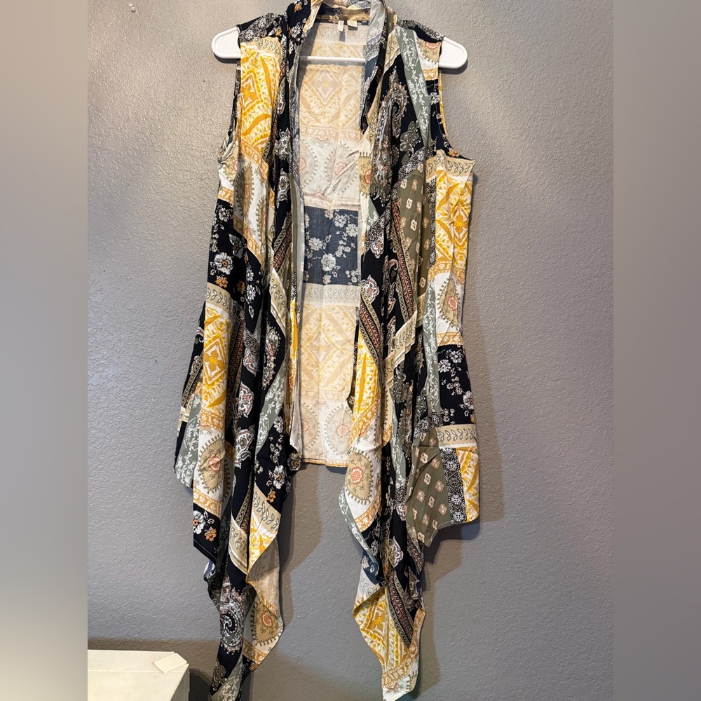Sleeveless Patchwork Print Drape Tunic Vest - Black & Yellow
